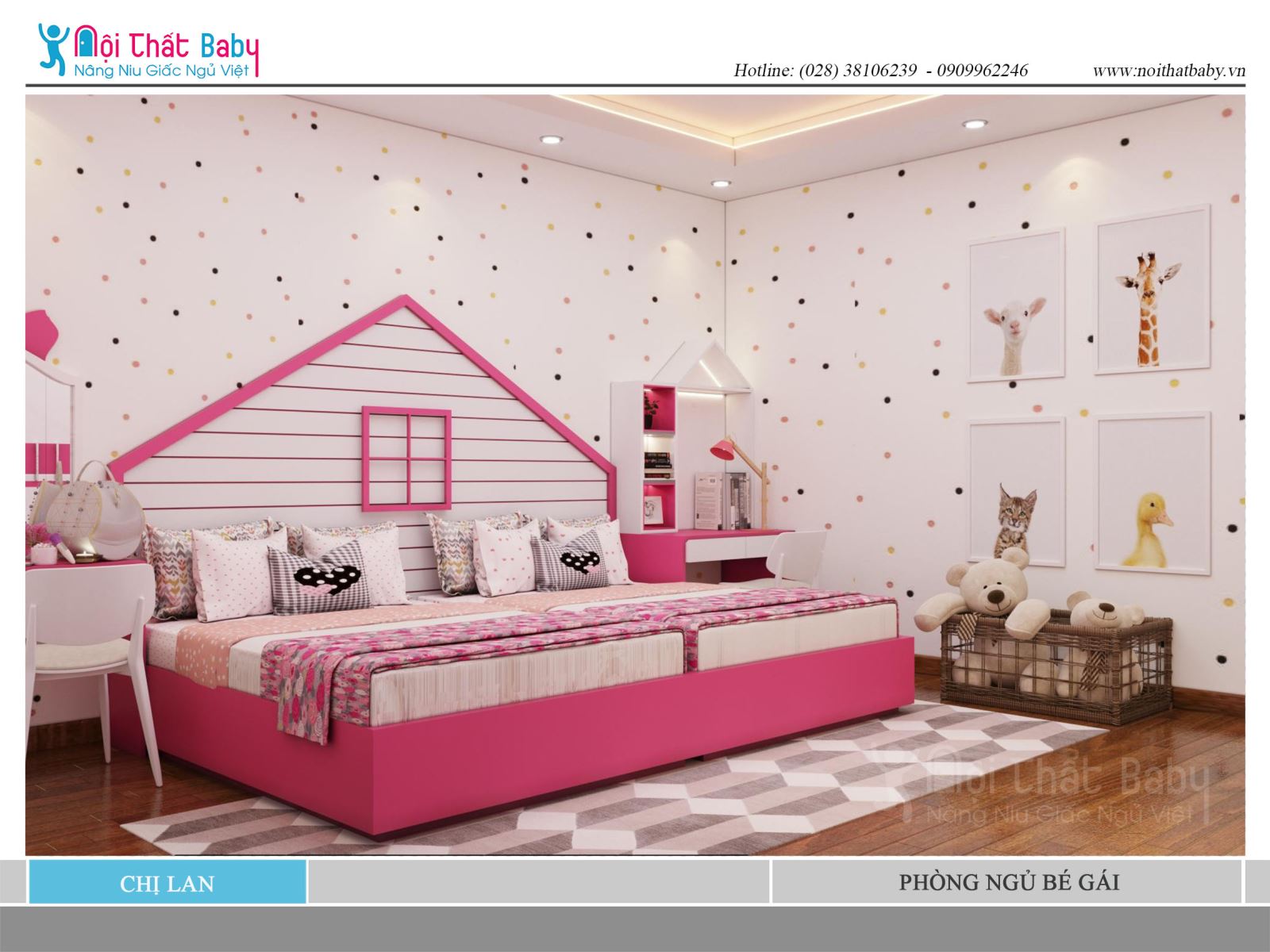 Phòng ngủ màu hồng dễ thương cho bé gái