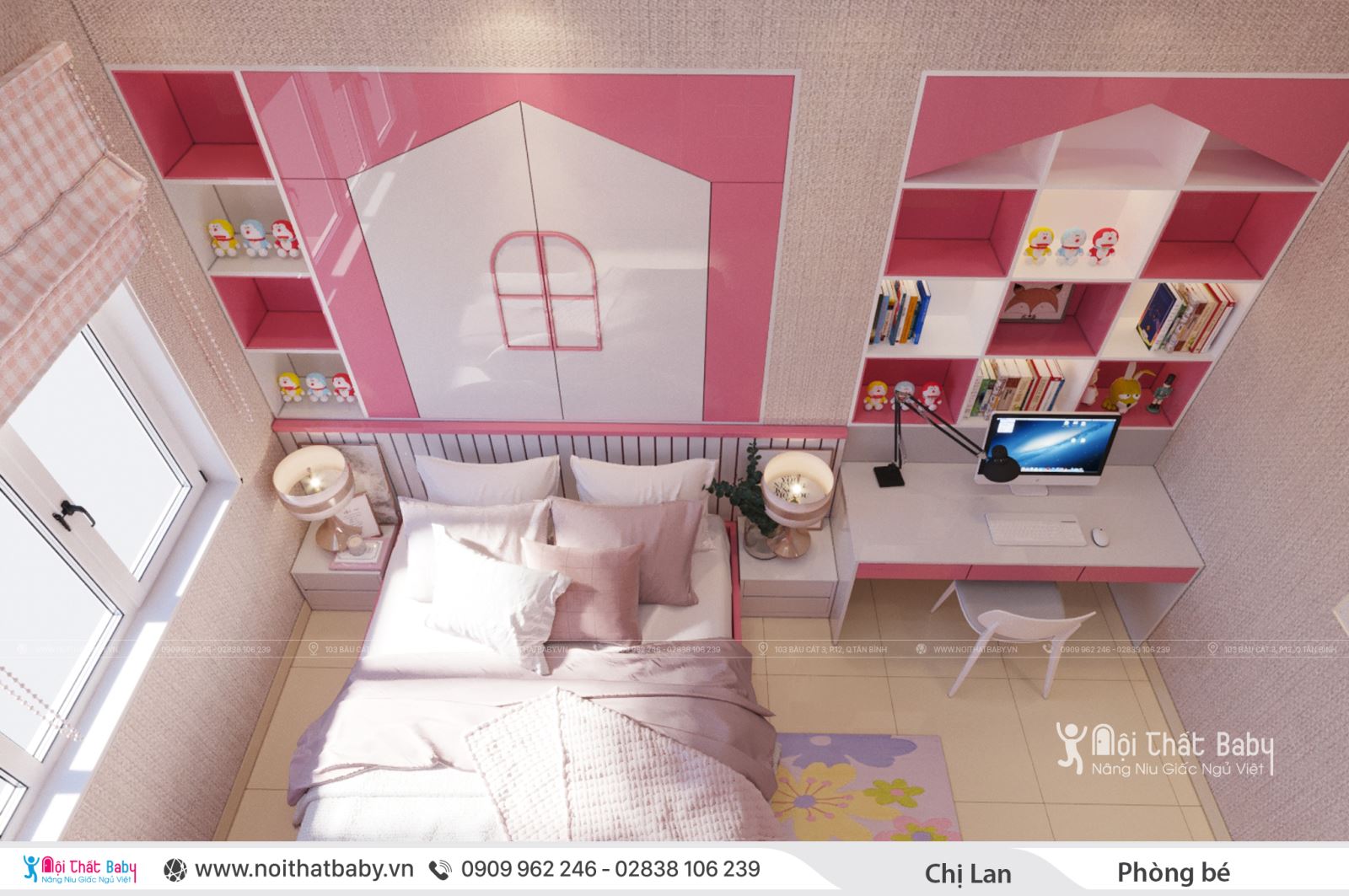 Thiết kế phòng ngủ bé gái màu hồng dễ thương