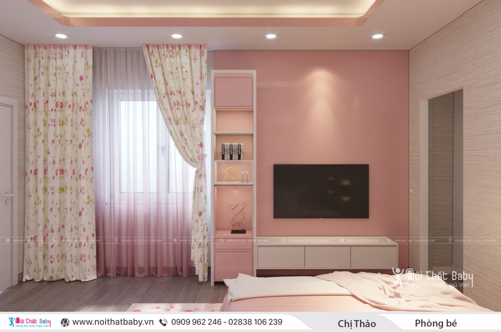 Thiết kế phòng ngủ bé gái màu hồng hiện đại