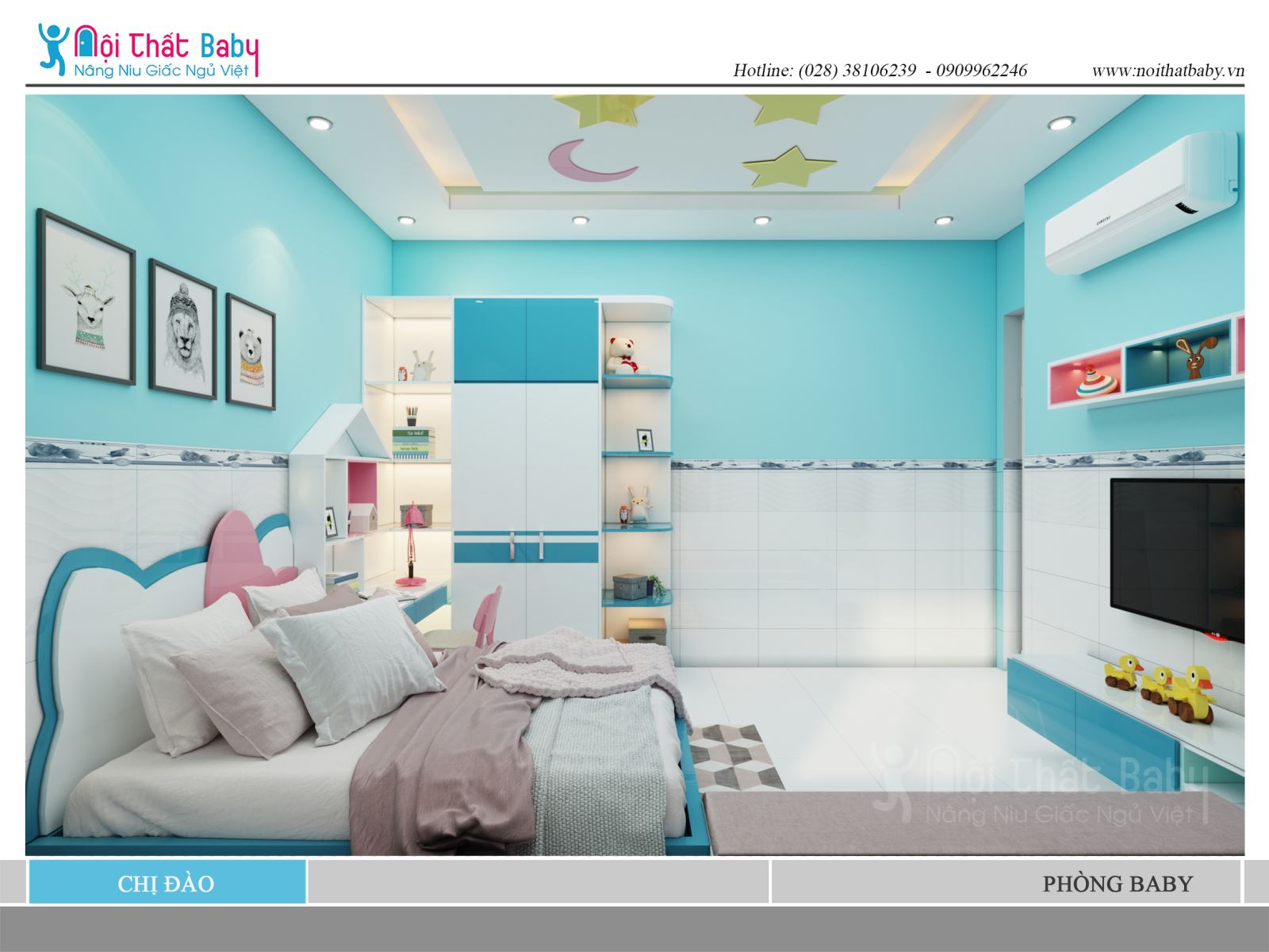 Mẫu thiết kế phòng ngủ bé gái đẹp với màu xanh nhà chị Đào