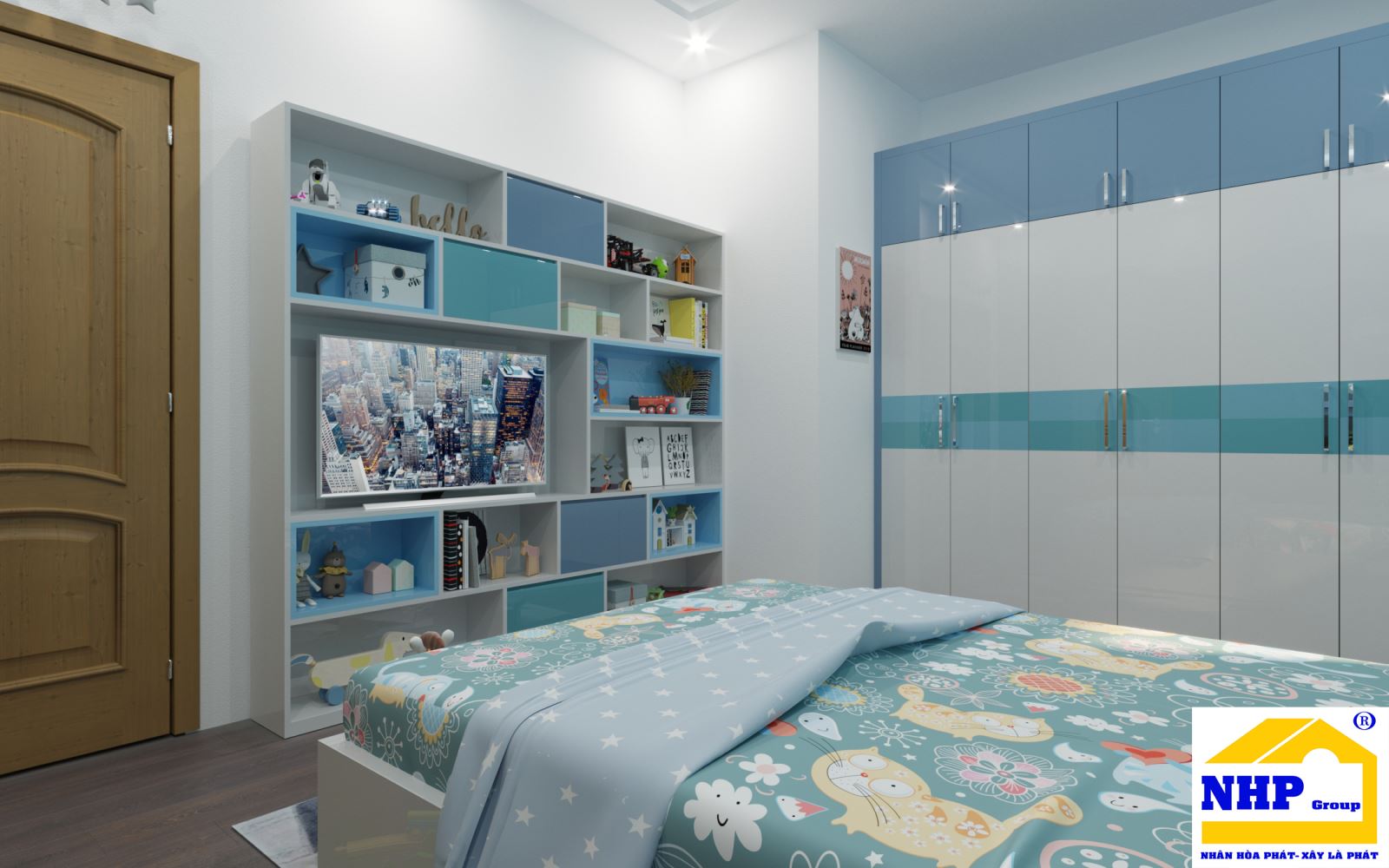 Phòng ngủ baby màu xanh tươi mát sang trọng