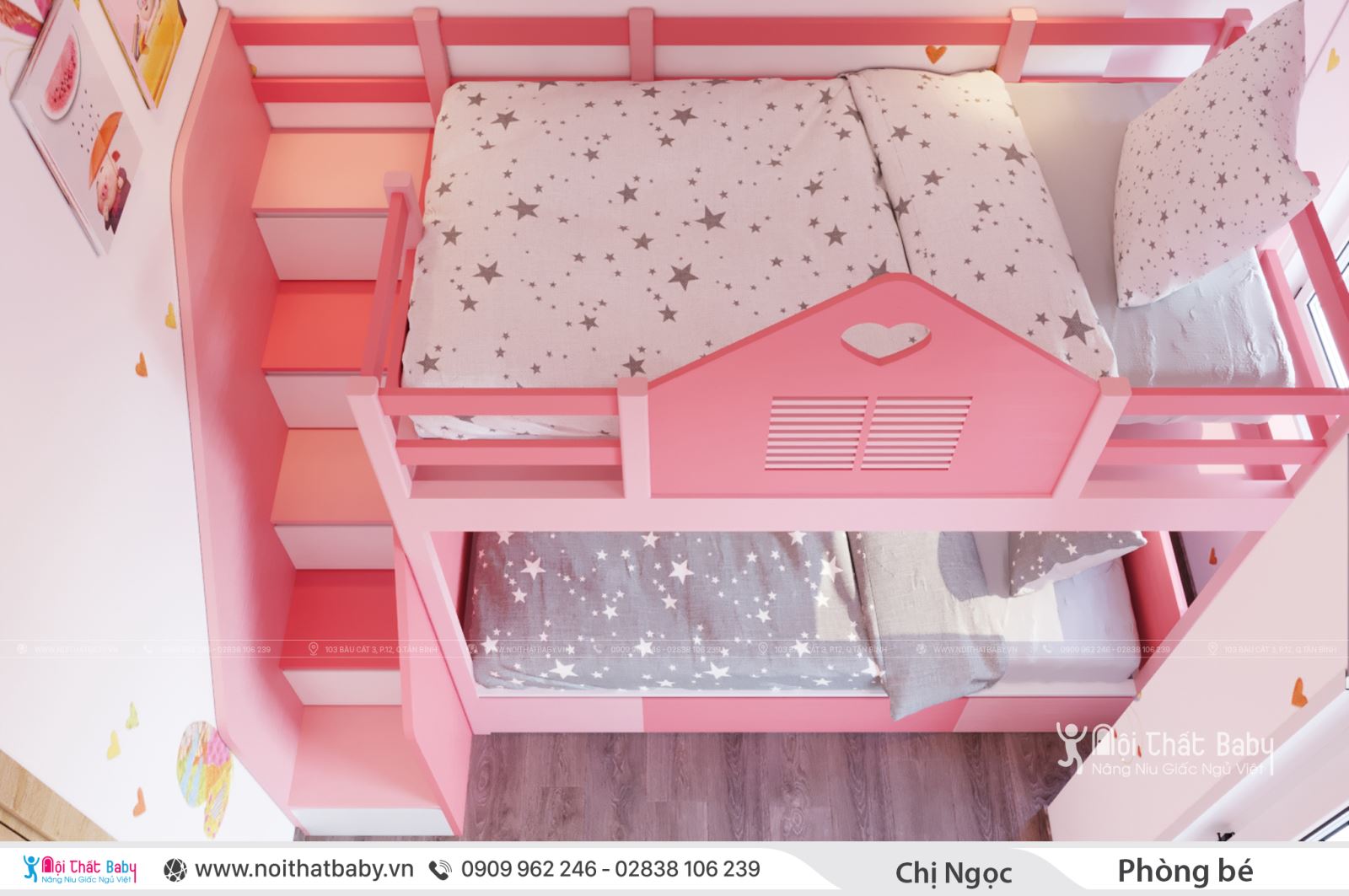 Giường tầng bé gái màu hồng dễ thương 