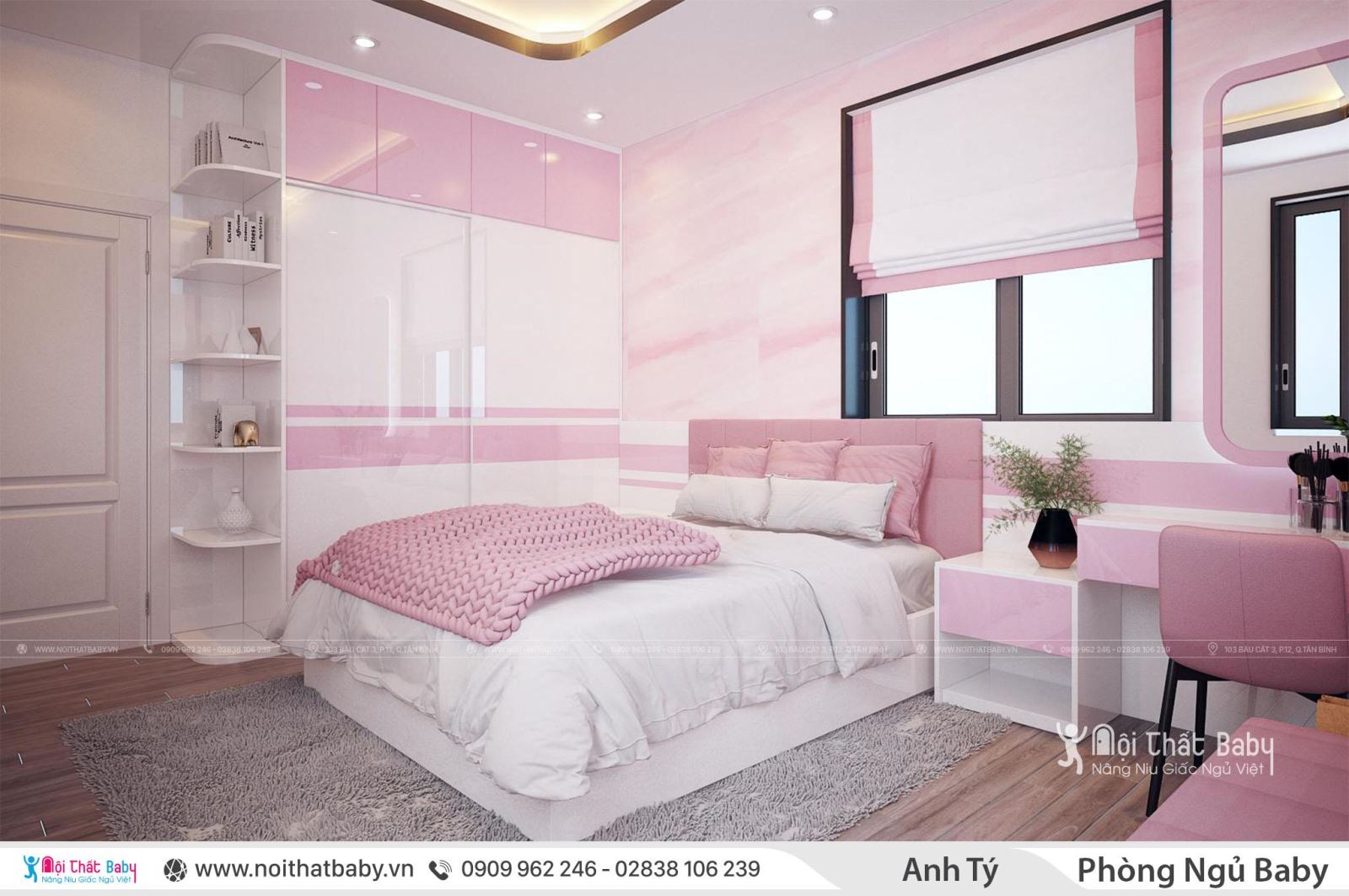 Phòng ngủ con gái màu hồng hiện đại
