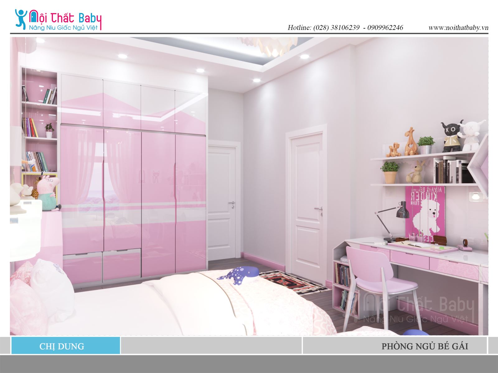 Phòng ngủ đôi bé gái màu hồng đẹp