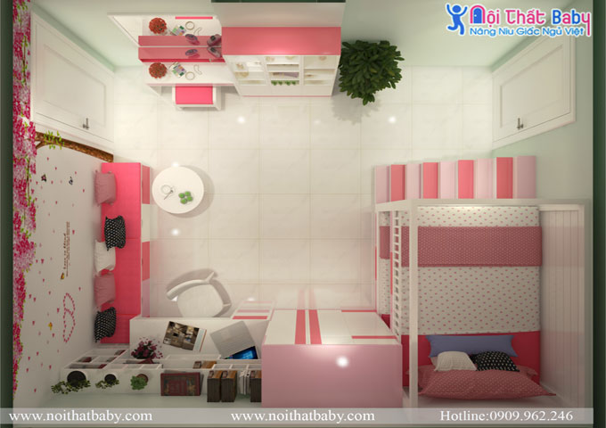 Phòng ngủ giường tầng bé gái màu hồng