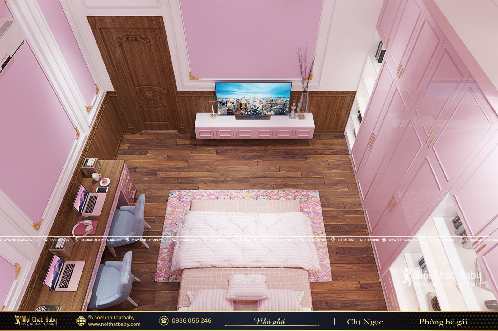 Thiết kế phòng ngủ bé gái màu hồng xinh xắn