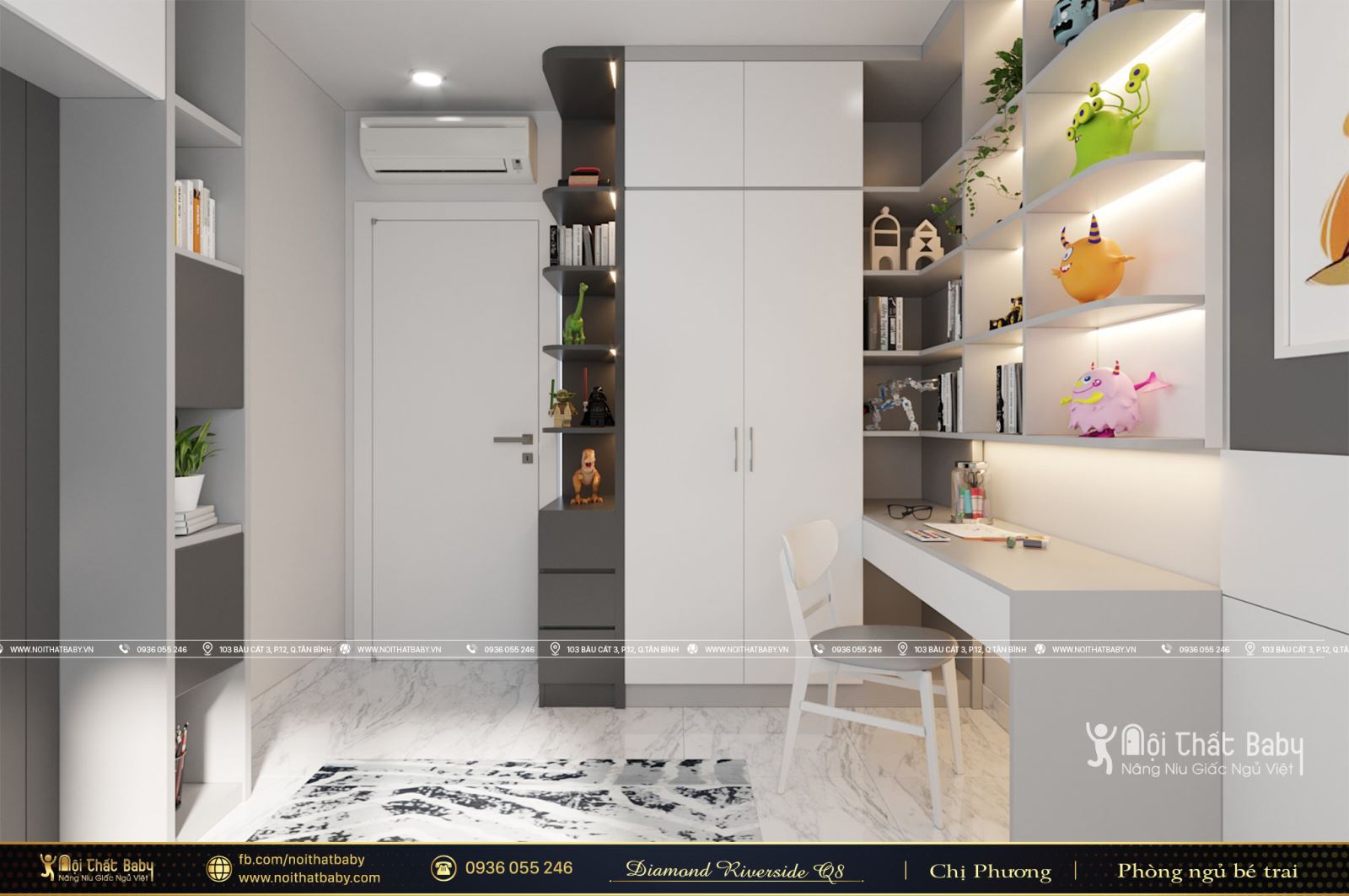 Thiết kế phòng ngủ bé trai hiện đại căn Diamond Riverside Quận 8 (City Gate 2)
