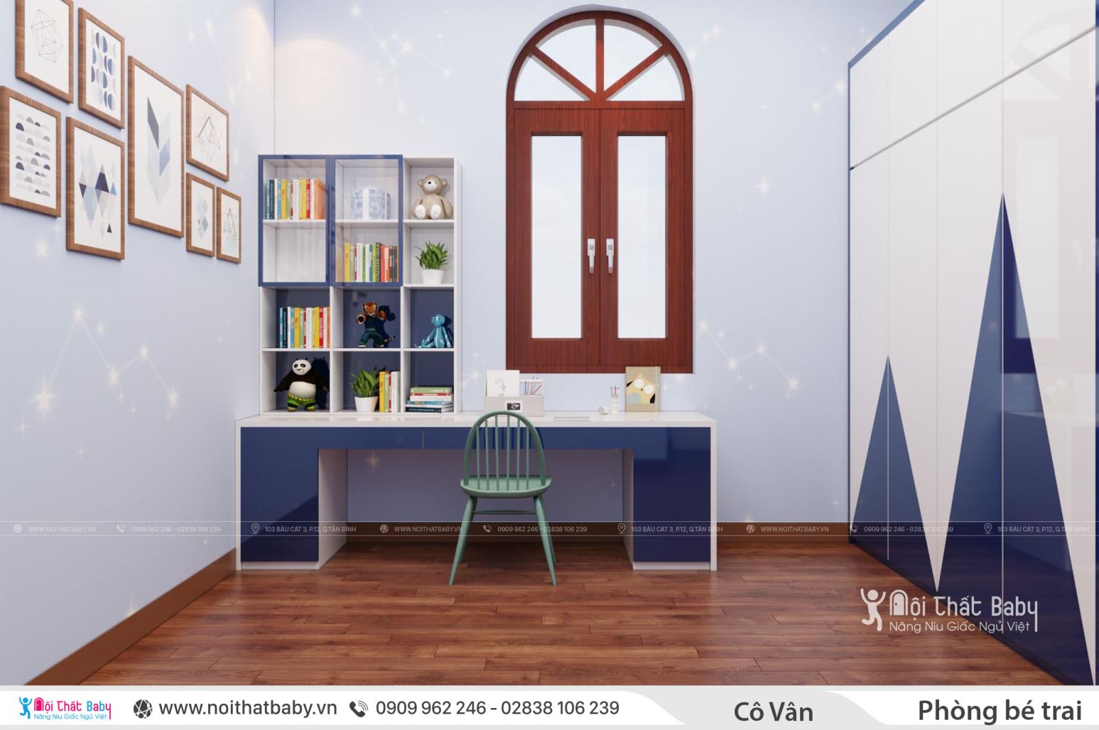 Thiết kế phòng ngủ bé trai màu xanh - Giường tầng gỗ cho bé