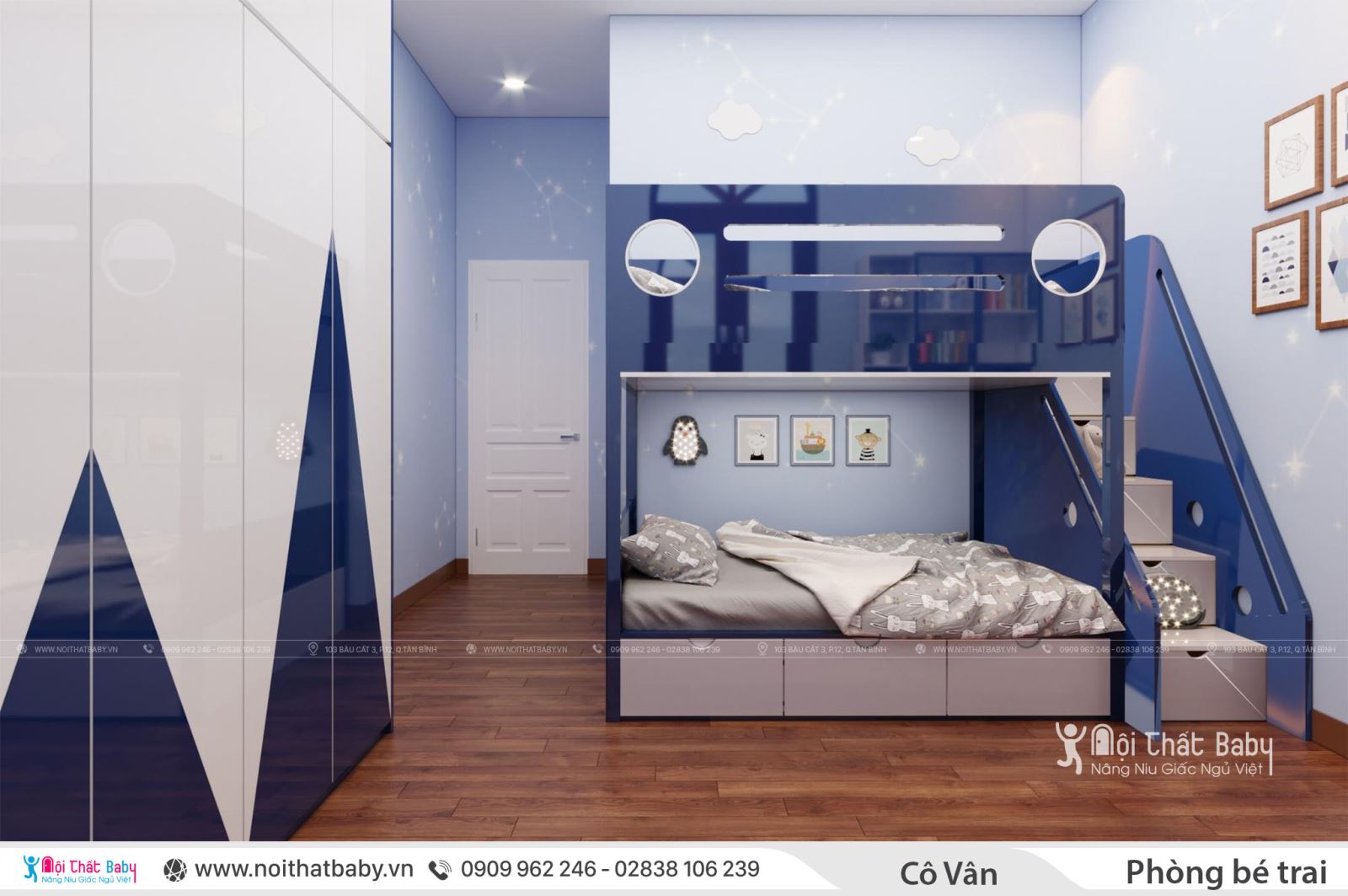 Thiết kế phòng ngủ bé trai màu xanh - Giường tầng gỗ cho bé