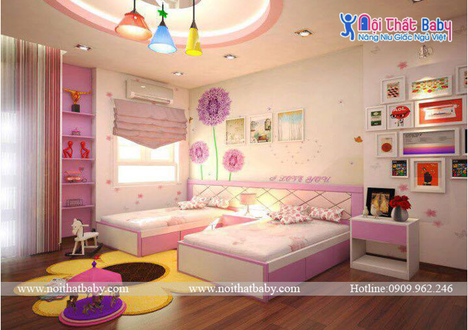 Phòng ngủ màu hồng cho hai bé gái sinh đôi