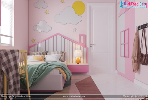 Phòng ngủ bé gái màu hồng cho không gian 16m2