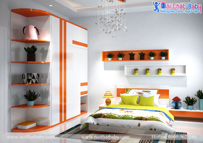 Phòng ngủ bé gái màu cam xinh xắn