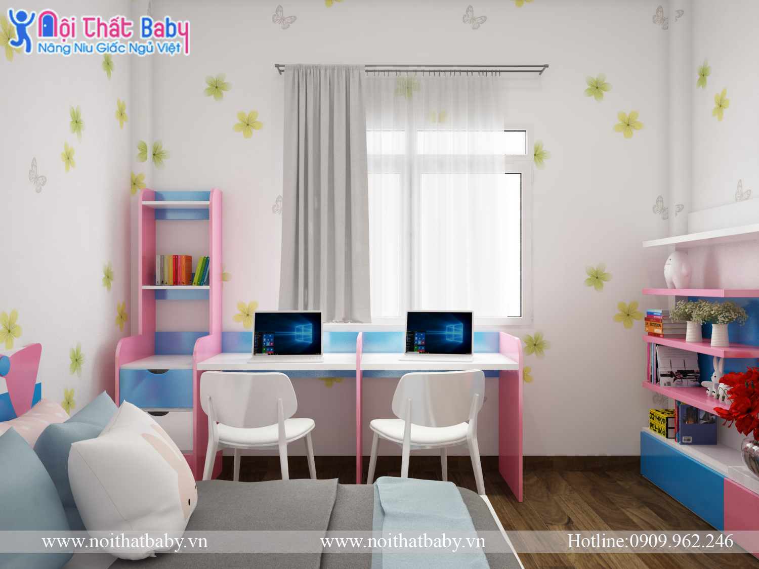 Phòng ngủ xinh xắn màu hồng xanh cho bé