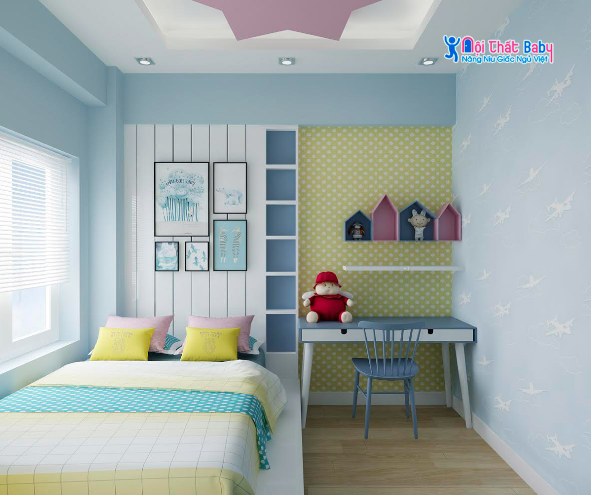 Để tạo không gian ngủ ấn tượng và đầy màu sắc cho bé yêu của bạn, gợi ý cho bạn mẫu phòng ngủ màu xanh dương pastel vô cùng dễ thương này. Với tông màu nhẹ nhàng, ngấn mát, bé sẽ có giấc ngủ đầy yên bình và thỏa thích.