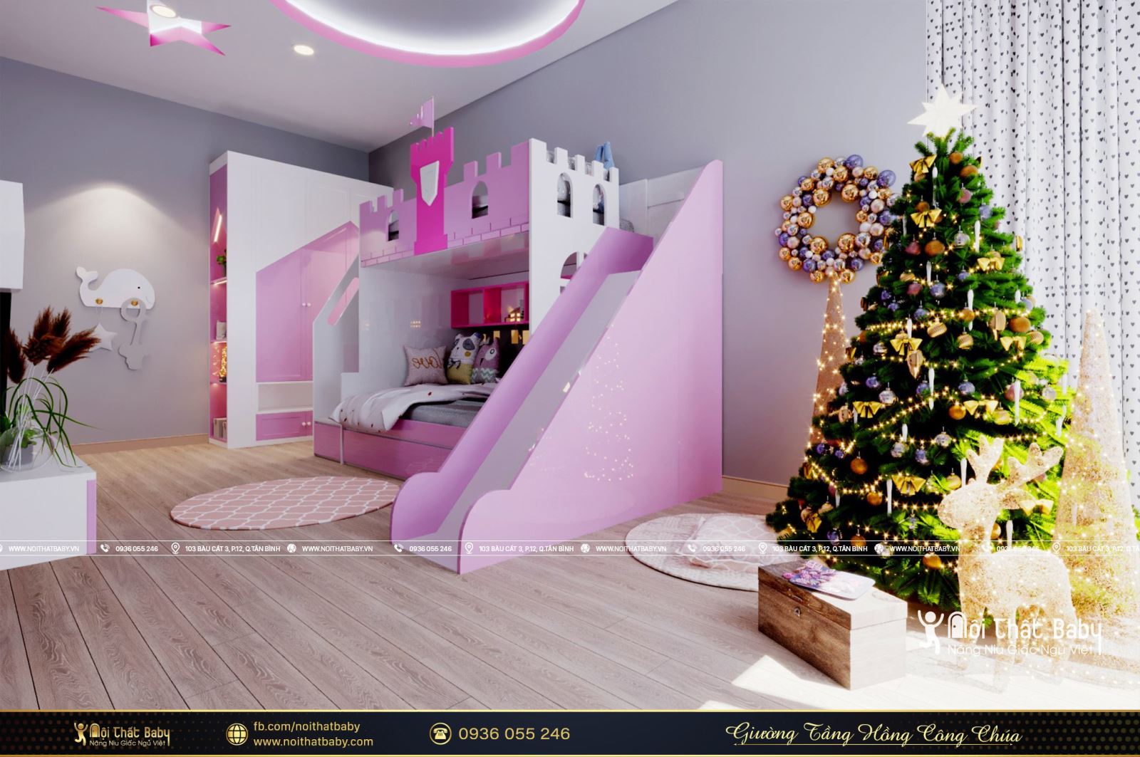 Mẫu giường tầng màu hồng dành cho công chúa nhỏ năm 2021