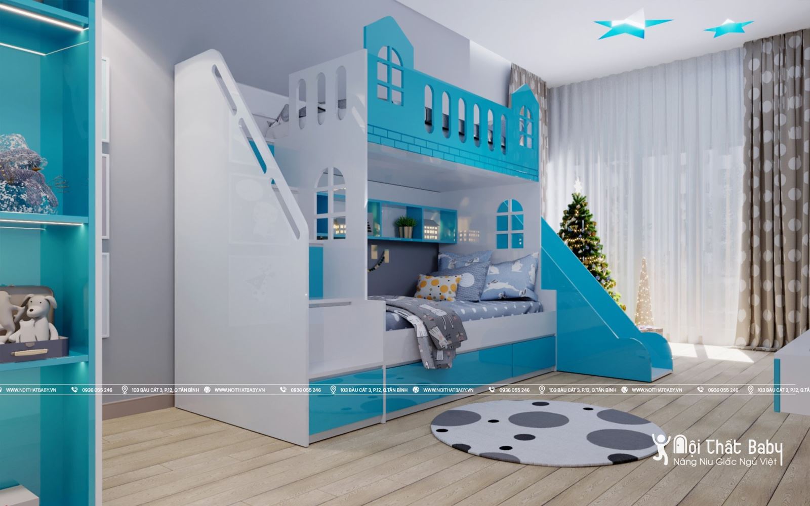 Giường tầng xanh cổ tích cho bé trai