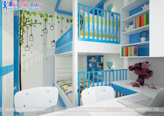 Giường tầng màu xanh dương phòng ngủ bé:
Bố mẹ luôn muốn tối đa hóa không gian phòng ngủ của con mình, đặc biệt là với những gia đình có con nhiều. Giường tầng màu xanh dương phòng ngủ bé là một giải pháp thông minh cho không gian phòng ngủ của trẻ. Không chỉ giúp tiết kiệm diện tích, giường tầng còn giúp trẻ cảm thấy an toàn và may mắn. Hãy tận dụng màu sắc xanh dương để biến không gian phòng ngủ của con trở nên tuyệt vời hơn.