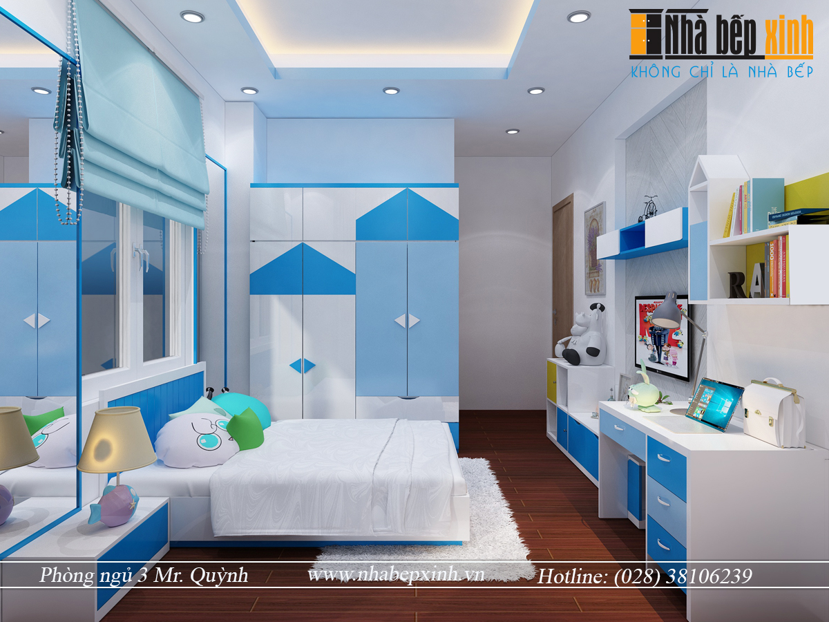 Phòng ngủ bé trai màu xanh dương: Màu xanh dương là sự lựa chọn hoàn hảo cho phòng ngủ bé trai. Tông màu này tạo nên không gian nghỉ ngơi đầy nam tính và mạnh mẽ cho bé. Bạn có thể bổ sung vật dụng trang trí tạo thêm sự tươi sáng và vui tươi cho phòng ngủ của bé.