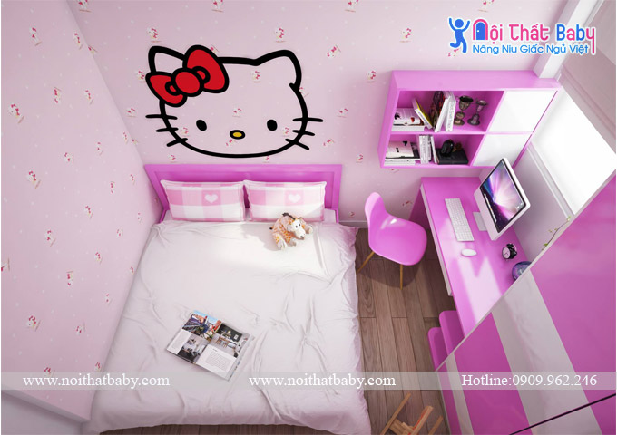 Thiết kế phòng ngủ Hello Kitty màu hồng cánh sen