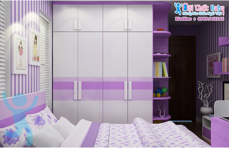 Phòng ngủ màu tím phối trắng cổ điển cho bé