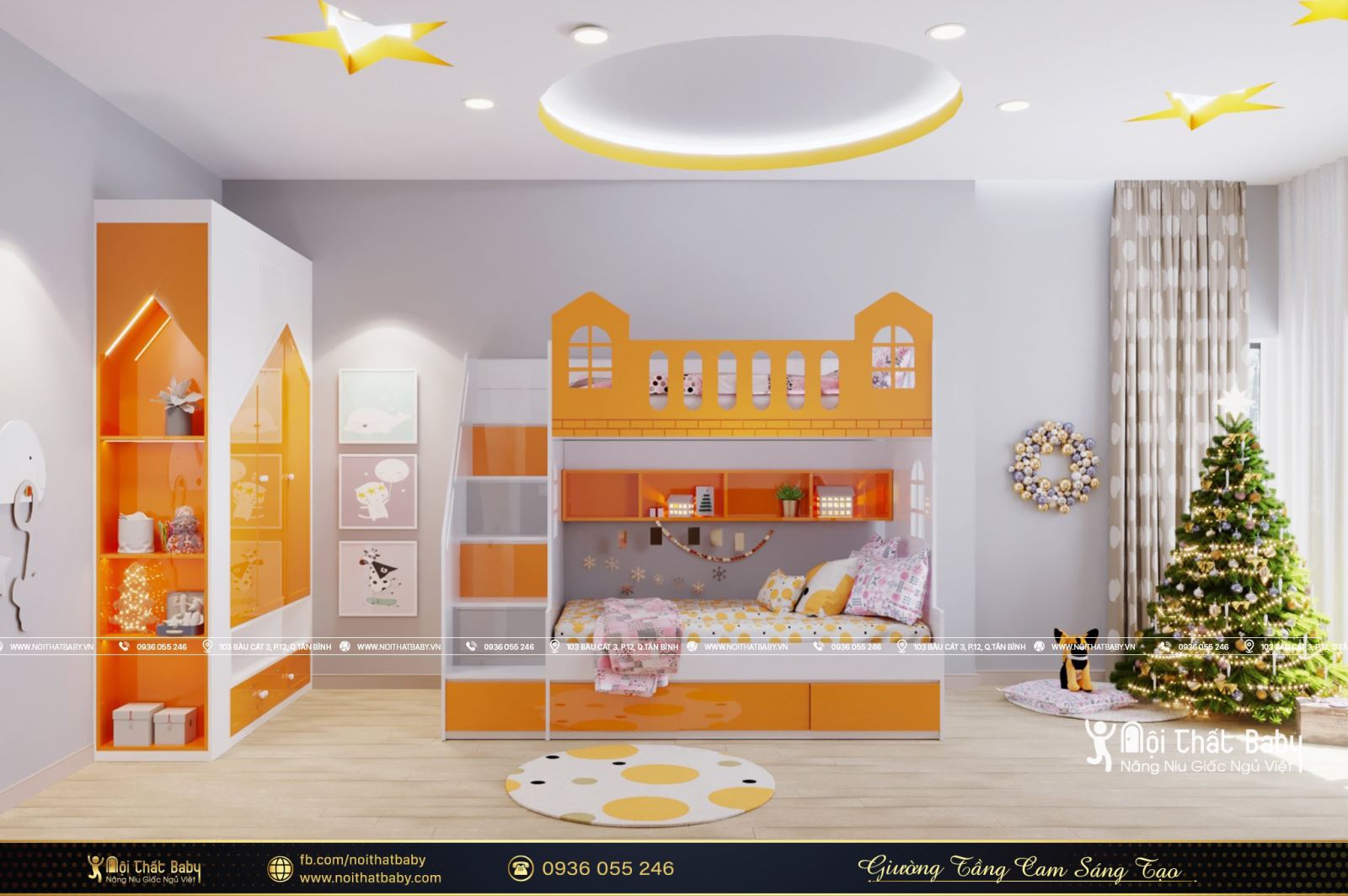 Giường tầng cam sáng tạo cho trẻ năm 2021