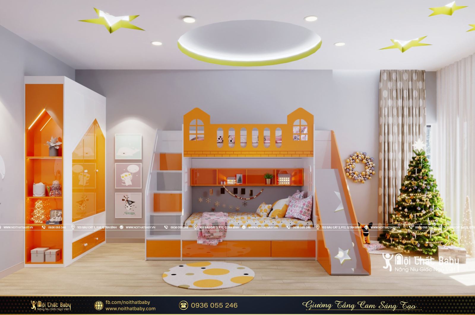 Giường tầng cam sáng tạo cho trẻ năm 2021