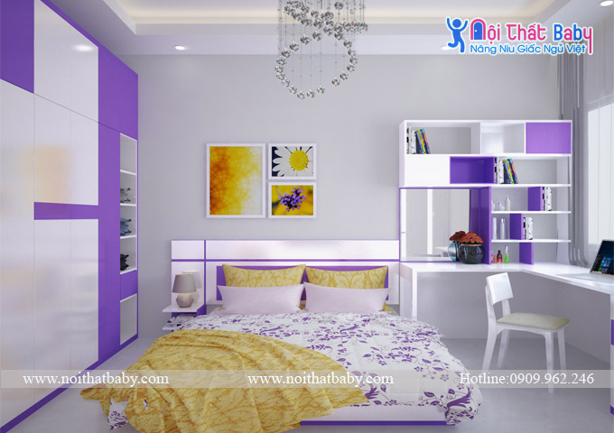 Phòng ngủ bé gái màu tím hiện đại