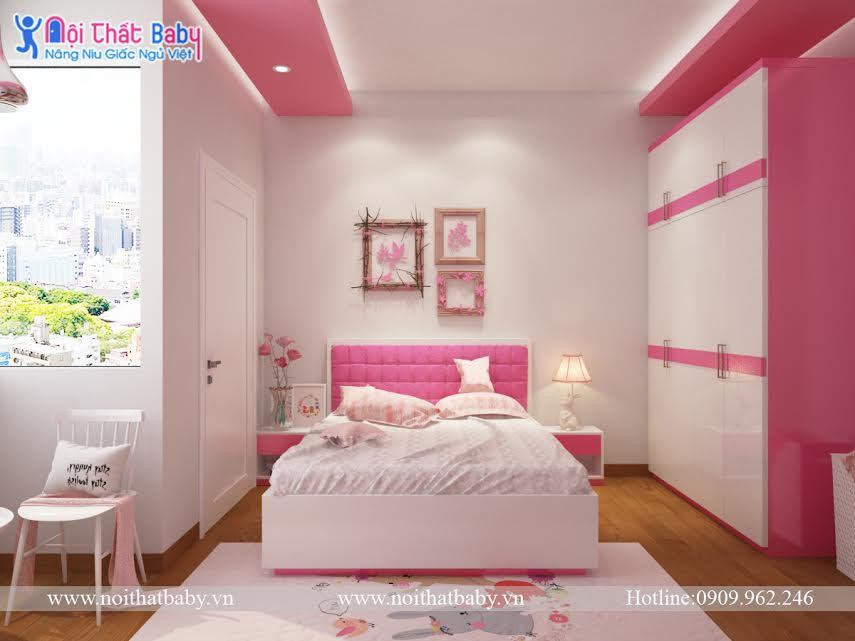 giường ngủ bé gái màu hồng dễ thương
