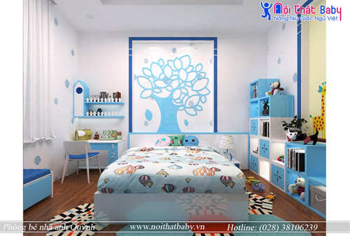 Phòng ngủ màu xanh thiên nhiên đẹp cho bé