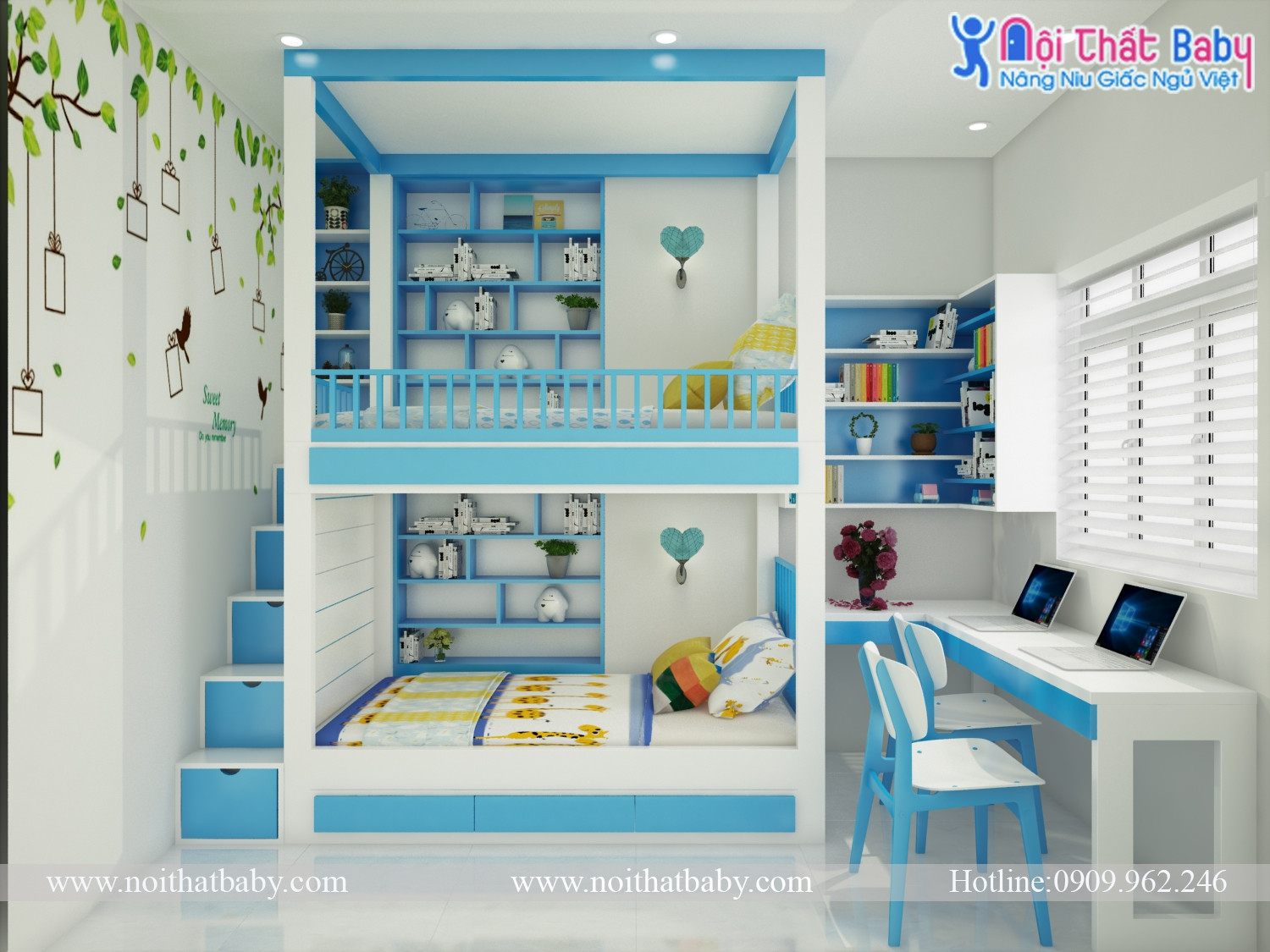 Phòng ngủ bé màu xanh dương giường tầng xinh xắn