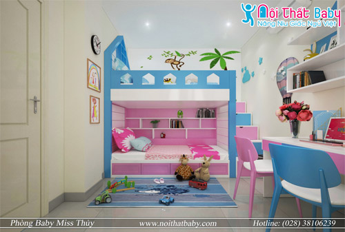 Giường tầng màu hồng xanh cho bé