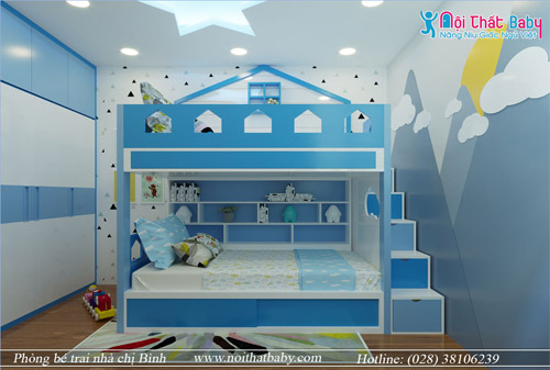 Giường tầng màu xanh dương xinh xắn cho bé
