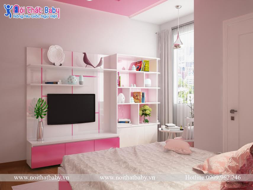 Phòng ngủ bé gái màu hồng đào xinh xắn