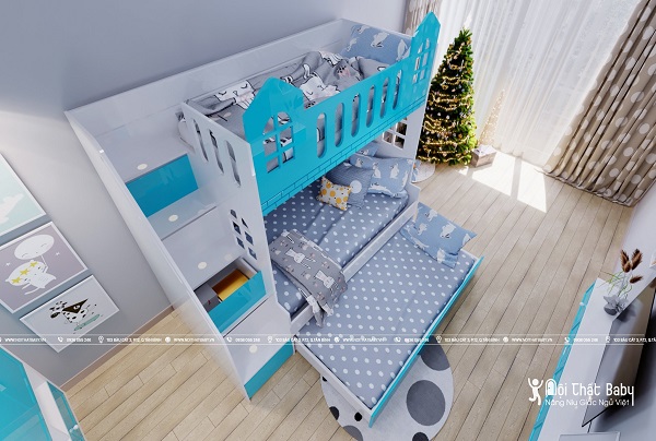 thiết kế phòng ngủ cho bé, giường ngủ, giường tầng đa năng, giường tầng bé trai, giường tầng cho bé trai, Giường tầng đa năng cho trẻ, giường tầng bé trai màu xanh, giường tầng trẻ em , giường tầng màu xanh cho bé trai, Nội Thất Baby,