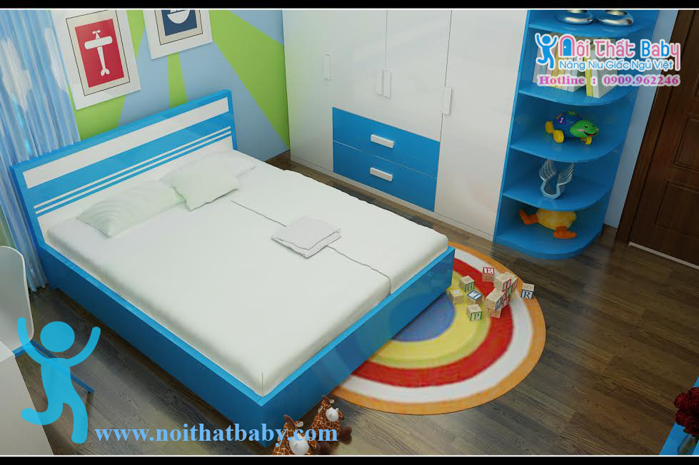 Tủ áo, giường ngủ màu trắng xanh dương BBTA11