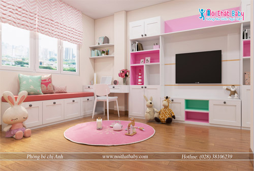 Thiết kế nội thất phòng ngủ màu hồng xinh xắn cho bé gái.