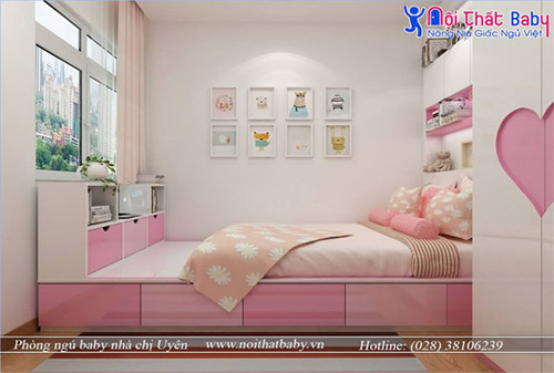 Phòng ngủ bé bé gái màu hồng đào xinh xắn