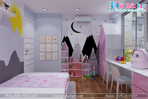Thiết kế phòng ngủ cho bé tông trắng hồng