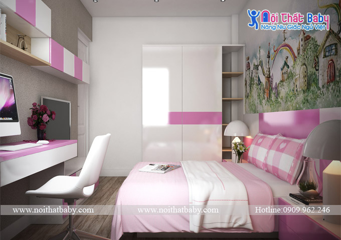Phòng ngủ màu hồng cổ tích cho bé gái