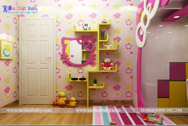 Thiết kế phòng ngủ Hello Kitty: Với thiết kế phòng ngủ Hello Kitty, bé gái bạn sẽ có một không gian sống thật sự đáng yêu và tinh tế. Từ giường ngủ, tủ đồ cho tới đầu giường, tất cả sẽ được thiết kế theo phong cách Hello Kitty, mang lại cho bé gái cảm giác vô cùng thú vị và hạnh phúc.