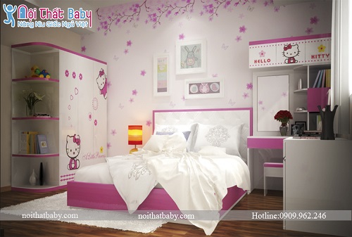 Phòng ngủ màu hồng in hình hello kitty dành cho bé gái