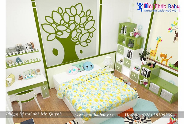 Giường ngủ cho bé màu xanh lá cây sẽ giúp cho bé cảm thấy thoải mái hơn trong phòng ngủ của mình. Màu xanh lá cây là màu sắc thanh lịch, tươi mát và rất thích hợp cho phòng ngủ của bé trai.