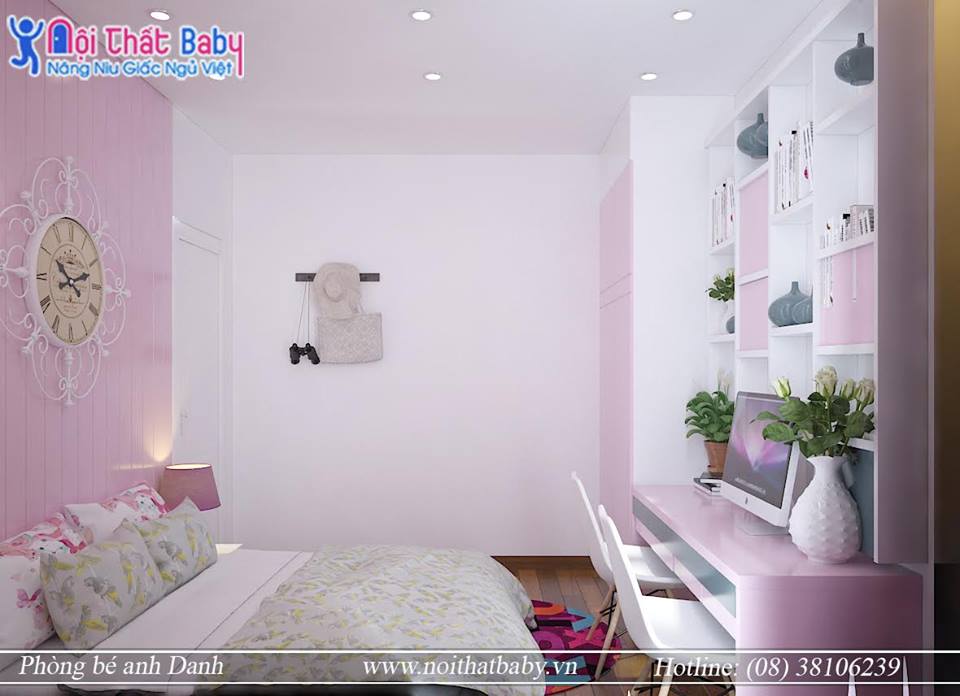 Phòng ngủ bé gái màu hồng tươi sáng