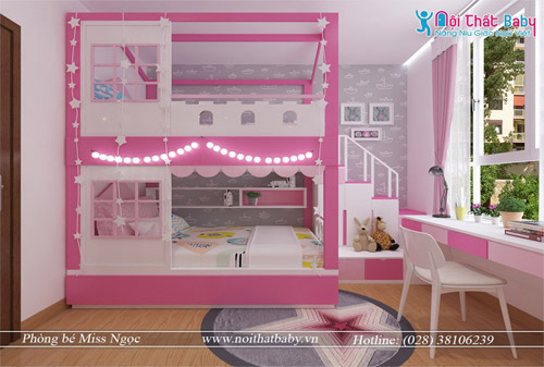 thiết kế phòng ngủ màu hồng, giường tầng xinh xắn cho bé - BBG132