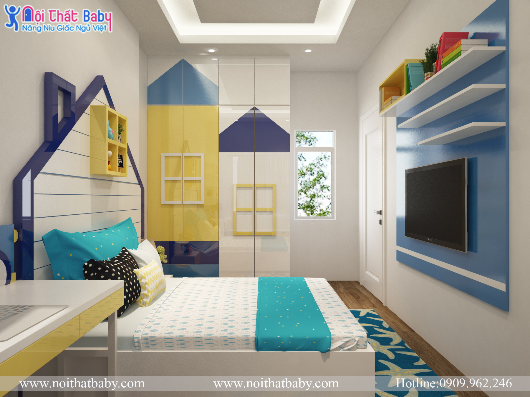 Phòng ngủ trẻ em màu vàng xanh hiện đại
