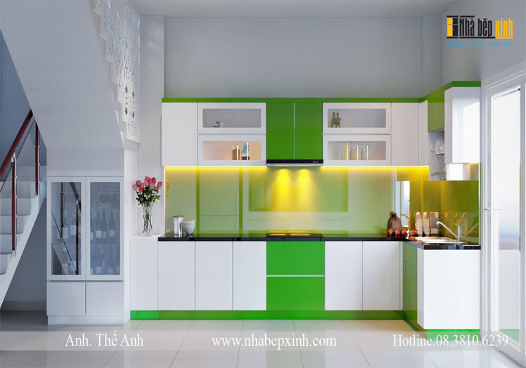 Tủ bếp acrylic tông màu xanh lá hiện đại